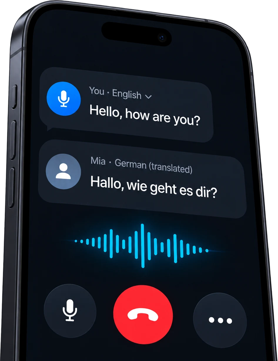 A live call in Prizm: “Hello, how are you?” spoken in English, heard in German as “Hallo, wie geht es dir?”