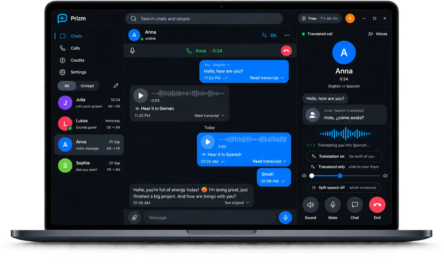 Prizm on a laptop: a chat with Anna beside a live translated call, English to Spanish
