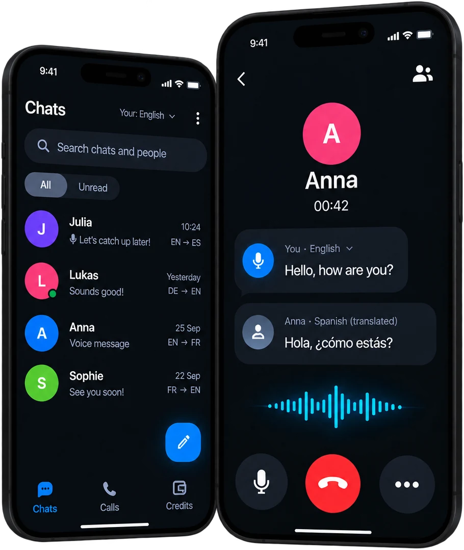 Prizm on two phones: the chat list, and a live call translating “Hello, how are you?” into Spanish